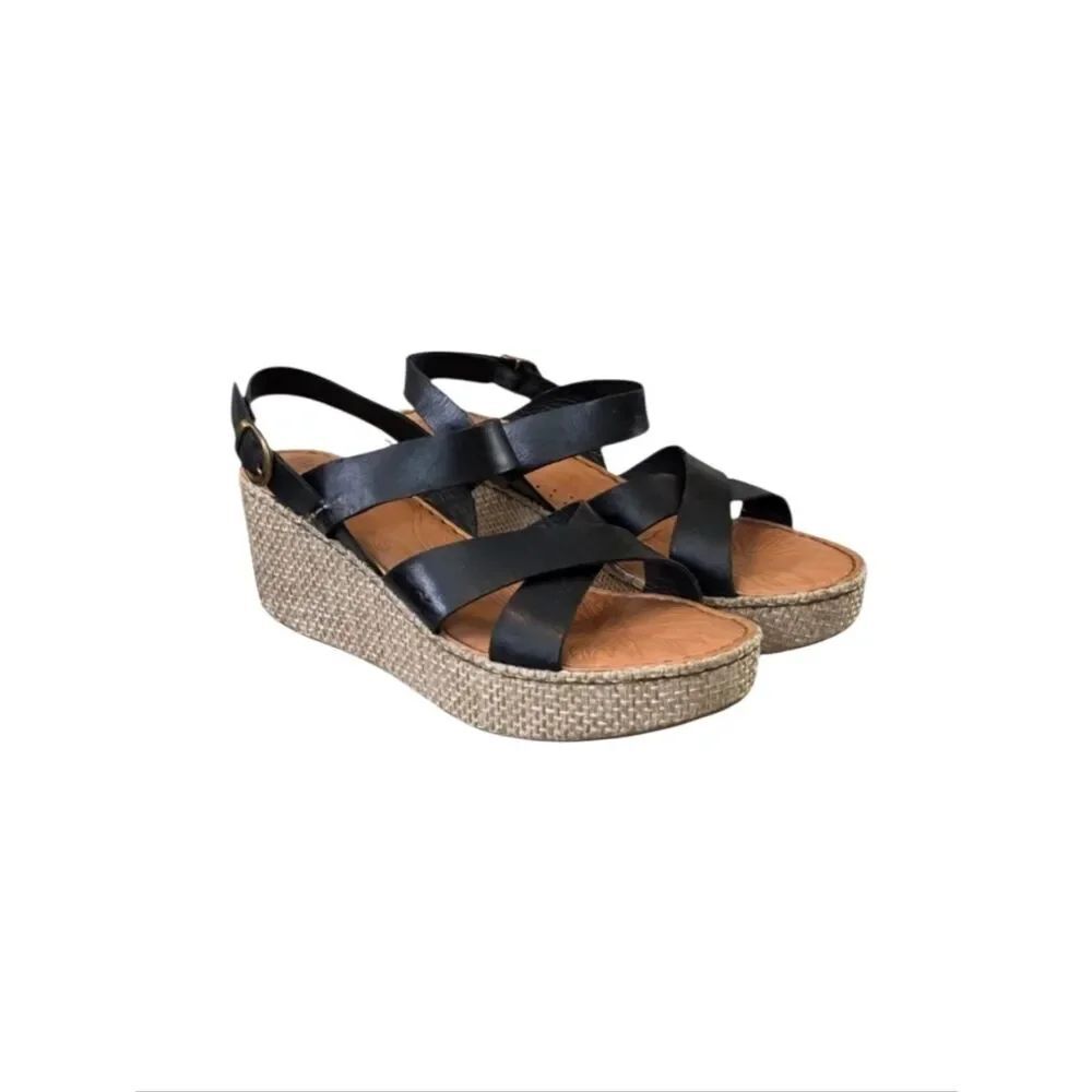 Born Alaina Black Full-grain Leather Ankle Strap Platform Wedge Sandals Size 9